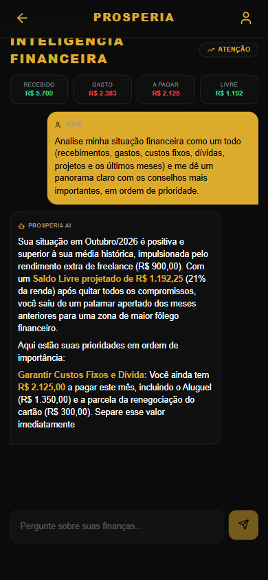 Consultor Financeiro de IA do Prosperia respondendo com diagnóstico e prioridades do mês