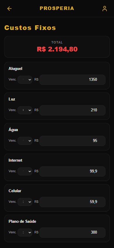 Tela de Custos Fixos do app Prosperia
