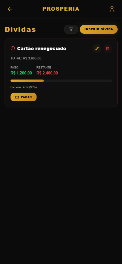 Tela de Dívidas do app Prosperia