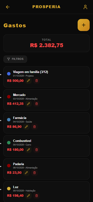 Tela de Gastos do app Prosperia