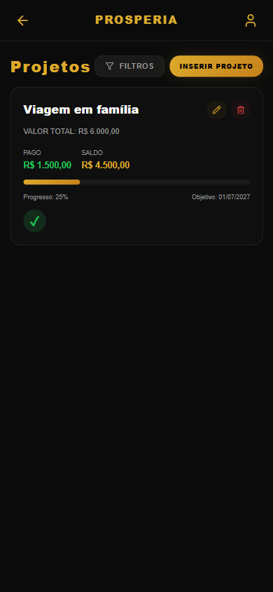Tela de Projetos de Vida do app Prosperia